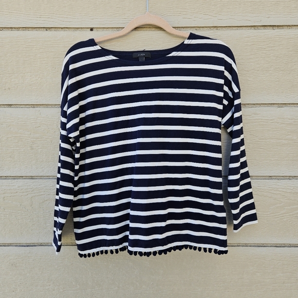 J. Crew boxy navy and white striped shirt with pompom hem detail XS - Picture 1 of 7
